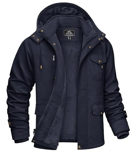 KEFITEVD vinterparkas herr, fleece, fodrad vinterjacka med många fickor, huva, varm, vinterkappa, övergångsjacka, militärjacka med ståkrage, Dunkelblau, M