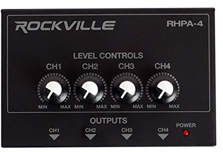Rockville RHPA4 4-Channel Headphone Amplifier, Stereo/Mono Switch, Dual 1/4 and 3.5mm Outputs per Channel, USB Power, for Studio and Podcast Monitoring