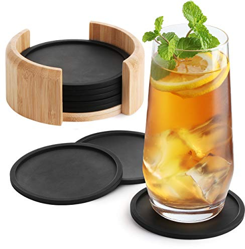 Sidorenko Untersetzer Gläser 8er Set - Glasuntersetzer Silikon rund in schwarz - Tischuntersetzer spülmaschinenfet - Coasters - Tassenuntersetzer Gummi abwaschbar - Getränkeuntersetzer mit Rand
