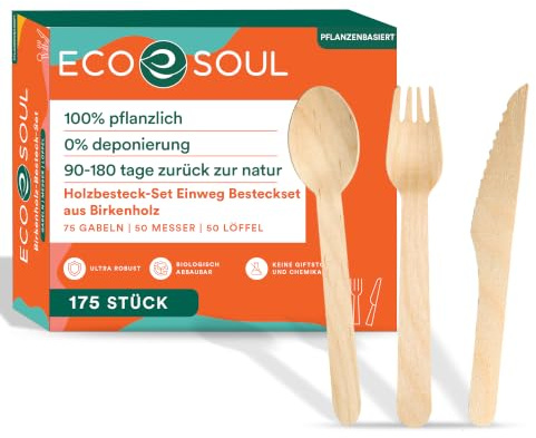 ECO SOUL Einwegbesteck-Set 175 Pack | 75 Gabeln, 50 Löffel & 50 Messer | Robustes Einwegbesteck, Splitterfrei & angenehm in der Hand, Kompostierbare Alternative, Für heiße & kalte Speisendeal fü