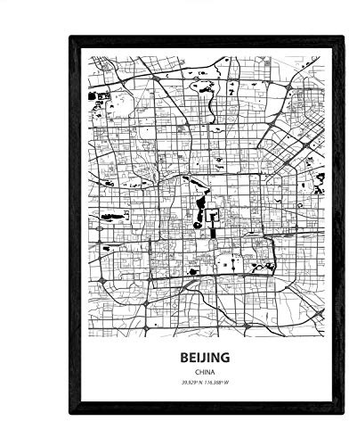Nacnic affisch med karta över Beijing - Kina. Svarta tryck av asiatiska städer med hav och floder. A3 storlek med ram