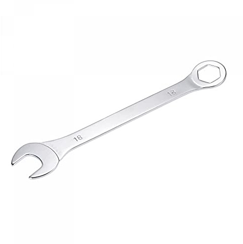 sourcing map Llave combinada delgada con extremo compensado de 6 puntos y extremo abierto en ángulo, espejo métrico, acero de alto carbono chapado en cromo, para reparaciones domésticas, 18 mm