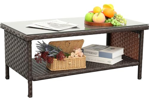 Outdoor Wicker Coffee Table Patio Furniture Garden Rattan 2-Layer Glass Table with Storage and Furniture Cover, Brown