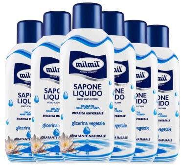 Milmil Sapone Liquido Glicerina Vegetale, Formula Idratante, Ricarica Universale, Dermatologicamente Testato - 6 x 1000 ML
