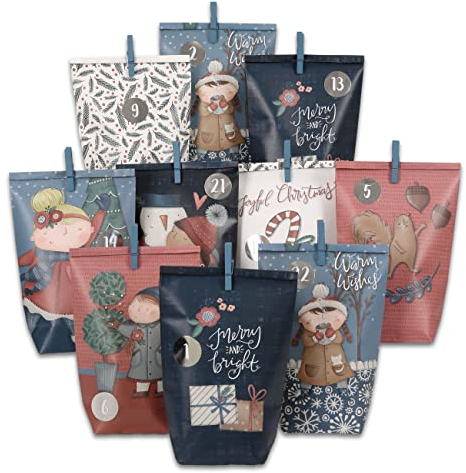 Papierdrachen Adventskalender 2025 zum Befüllen - 24 bedruckte, nachhaltige Geschenktüten in Blau & Rosa mit Zahlenaufklebern & Klammern - Dunkelblaues Motiv - DIY Bastelset für Weihnachten