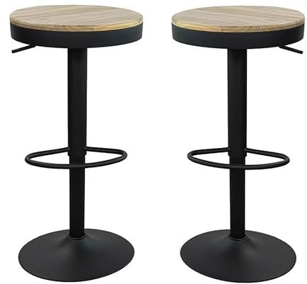 Vaukura Taburetes Cocina, Juego de 2 Taburetes de Bar Giratorios con Reposapiés, Altura Ajustable, Asiento de Madera, Base Metalica, Griratorios 360º, Pistón de Gas (Negro) (Pack 2)