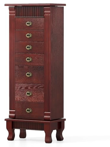 COSTWAY Standing Jewelry Armoire, Wooden Jewelry Storage Chest with 7 Drawers, 2 Side Doors, 12 Necklace Hooks, Flip-up Mirror & Top Divided Jewelry Cabinet for Women Girls, Dark Walnut