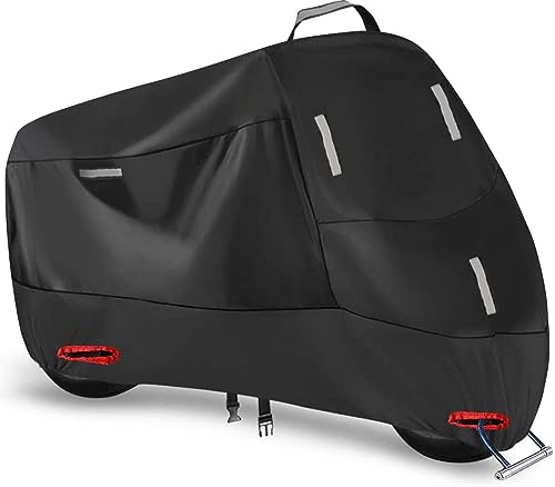 Funda Moto Impermeable para Exterior Interior, 300D Cubierta de Motocicleta Scooter Moped con 5 Tiras Reflectantes y 2 Orificios para Cerradura, 2 Hebillas de fijación (L: 220 x 95 x 110 cm)