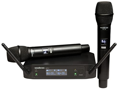 WOODBRASS Microphone sans Fil Système 2 x Micro UHF Portable Micros à Main pour Karaoké, Professionnel, DJ, Animation, Mariage, Conférence (UHF-2M-F1-3)