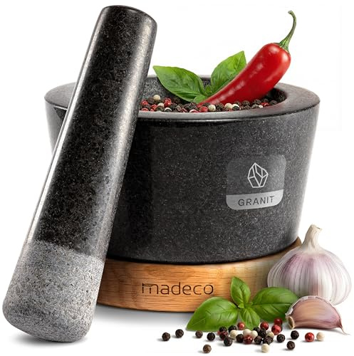 madeco Mörser mit Stößel Granit auf edlem Eiche-Holzsockel, 14,5 cm | Design Gewürzmörser Set, ideal zum Mahlen & Zerkleinern von Gewürzen, frischen Kräutern, Nüssen & Pesto
