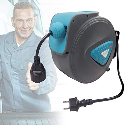 TRMLBE Kabeltrommel 20m Outdoor Automatik Kabeltrommel Außen Kabeltrommeln mit Verlängerungskabel & 180° Drehbar Wandhalterung Kabelrolle Wandmontage Verlängerungskabel Trommel, Blau+Grau