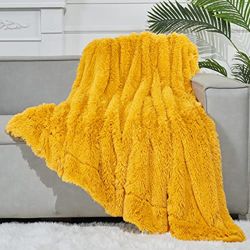 GONAAP Kunstfell-Überwurfdecke, superweich, gemütlich, flauschig, für Couch, Sofa, Bett (Senfgelb, Überwurf (127 x 152,4 cm))