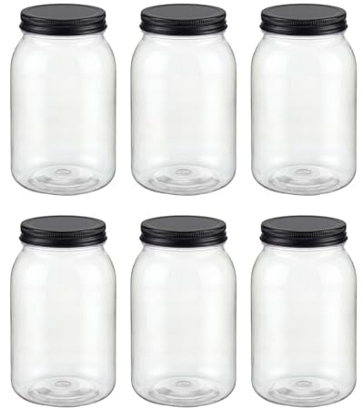novelinks 32 oz Plastic Food Storage Jars with Metal Lids – 6 Pack BPA-Free Clear Airtight Containers for Pantry, Spices, Snacks, Kitchen & Bathroom Organization – Leak-Proof Reusable Jars (Black) | 6 Pack, Black, Quart Mason Jars Bulk, Plastic Quart Containers with Lids, Large Jars, Mason Jars for Centerpieces
