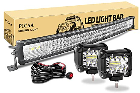 PICAA Gewolbt led Arbeitsscheinwerfer Bar,32 Zoll 78CM 405W 7D Lichtbalken | Drei Reihen, Zusatzscheinwerfer Bar, Mit 2PCS 4 Zoll 8D 60W Arbeitslicht, für SUV Offroad ATV UTV Traktor 4x4 Auto,12V