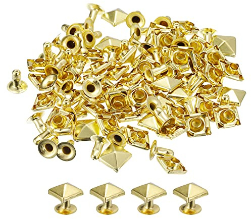 sourcing map 50 Juegos Espiga Remache, 7mm Piramidal Rápido Remache Pernos Cuadrado Punk Púas Marroquinería Decoración para Ropa Cinturones Bolsos Zapatos, Dorado Tono