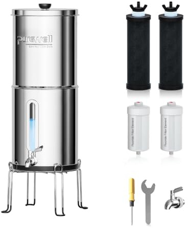 Purewell Schwerkraft-Wasserfilter 8,5L – 8-Stufen-Filtersystem mit 4 Filtern (gegen Fluorid & Chlor) + Wasserstandsanzeige Stromfreier Wasserreiniger für Familie & Notfall – Ideal für Camping