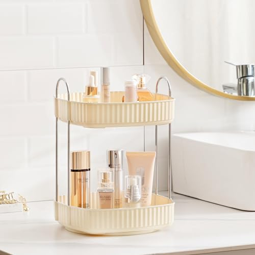 STORICANS Make up Organizer Drehbarer 2 Etagen Quadratisch Kosmetik Parfüm Hautpflege Organizer Ständer,Organizer Aufbewahrung für Schminktisch, Badezimmer, Schreibtisch, Arbeitsplatte,Cremeweiß