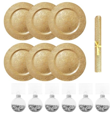 YöL Gold Christmas Dining Set - 6 Charger Plates, 6 Place Card Holders, Table Runner Xmas Dinner Decorative Festive