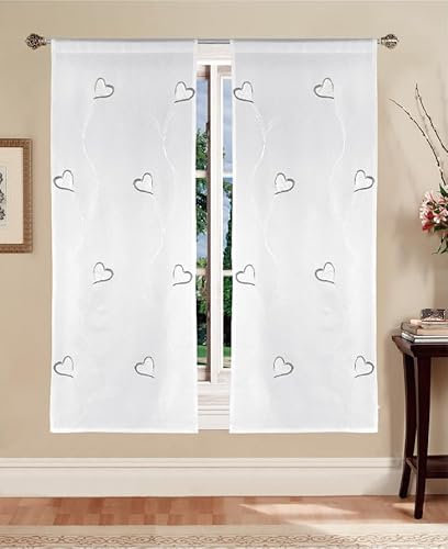Tata Home Coppia Tende per Interni a Vetro Finestra Semitrasparenti Bianche Tende Cucina Bagno Camera Fantasia Shabby Chic 60x150 cm con Cuori Grigi