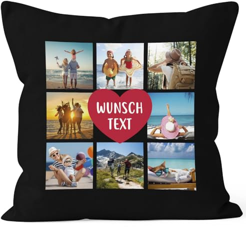 SpecialMe® Kissen-Bezug mit Foto Fotocollage bis zu 8 eigene Bilder Wunschtext Geschenk personalisierbar Baumwolle Schwarz Standard