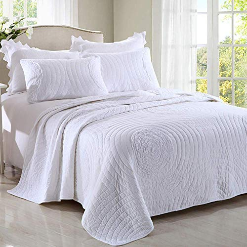 Gesteppte Tagesdecke aus Baumwolle für King-Size-Betten, Überwurf, geprägtes Muster, Bettdecke, Bettdecke, 3-teiliges Bettwäsche-Set mit Tagesdecken + 2 Kissenbezügen, weiß, 240 x 260 cm