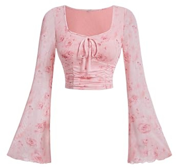 GORGLITTER Damen Batik Crop Top Bauchfrei Oberteile Langarm T-Shirt Mesh Langarmshirt mit Ausgestellter Ärmel Rosa S