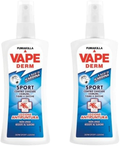 Vape Derm Sport Spray Antizanzare Lozione Antipuntura Contro Zanzare Comuni Zanzare Tigre E Zecche 100 Ml (2 Unità)