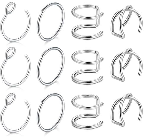 Tolldek 12 Stücke Edelstahl Piercing Nasenstecker, Silber 1.2mm X Kreuz Hoop Nostril Piercing Stecker, Piercing Nostril, Lippen Ohr Nasen Piercing für Frauen