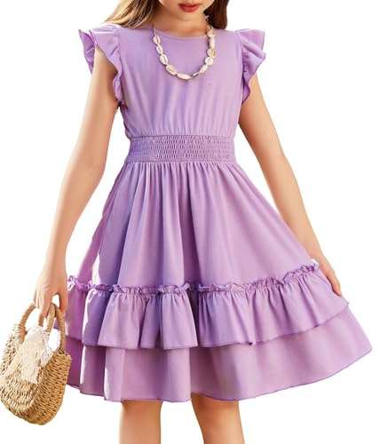 Arshiner Ragazze Abito Maniche Volanti Bambini Estivo Cotone Abito Festivo Elegante Senza Maniche Swing Abiti da Festa per Ragazza 5-14 Anni