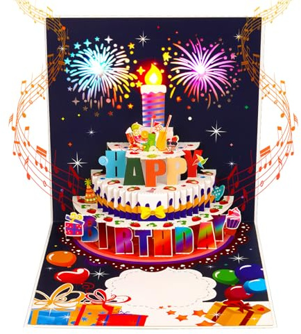 Tarjeta Cumpleaños con Música y Luz,Pop Up Tarjeta Felicitacion Cumpleaños,3D con Fuegos Artificiales y Velas LED Felicitacion Cumpleaños,Birthday Card para Padres Amantes e Hijos Regalos Cumpleaños