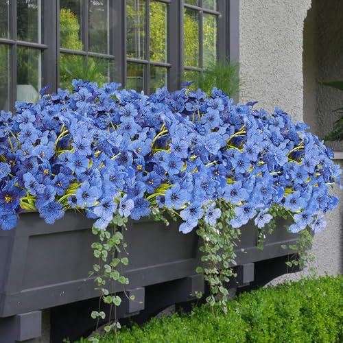 AWARDSEN 16 Bundles Blue Summer Flowers Artificial Outdoor UV Resistant Fake Flowers Summer Outdoor Porch Decor Outside Artificial Plants for Window Box
