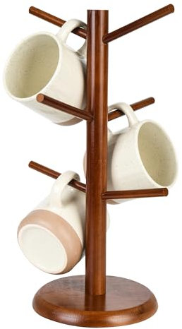 ONLINMDT Porte-tasses à café pour comptoir de cuisine, support de tasse en bois robuste avec 6 crochets (marron)