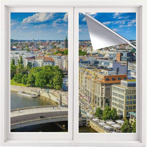 Evofensteere(80X200cm Silber) Fensterfolie Sonnenschutz Hitzeschutz innen oder außen | Rückstandslose Spiegelfolie Fenster Hitzeschutz | Selbstklebend UV Schutzfolie Fenster | Sonnenschutzfolie