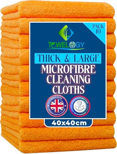 Towelogy® Heavy Duty Microfibre Cleaning Cloths for Home All Purpose - Larger, Thicker, More Absorbent Cleaning Cloth - 100% Lint Free Micro Fibre Cloths for Kitchen, Bathroom and Car (Bright Orange)