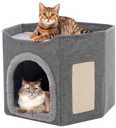 Faltbares Katzenhaus Indoor große Katzen mit 2 abnehmbaren Kissen und Kratzbrett Katzenhaus Höhle für Katzen und kleine Hunde, Grau
