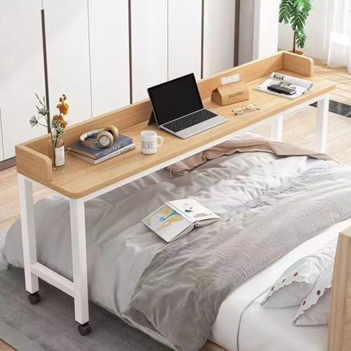 Schreibtisch mit Rollen, Mobiler Nachttisch mit Rollen, Betttisch Laptop Pflegetisch Mobiler Schreibtisch Computertisch auf Rollen fürs Bett(Size:140×40×88cm,Color:Holz)