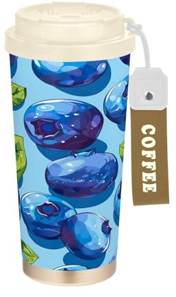 SKYSHU Blueberry Tasse à café de voyage isotherme de 500 ml avec couvercle paille, anti-déversement et anti-fuite avec poignée – Bouteille d'eau réutilisable en acier inoxydable pour l'école, le