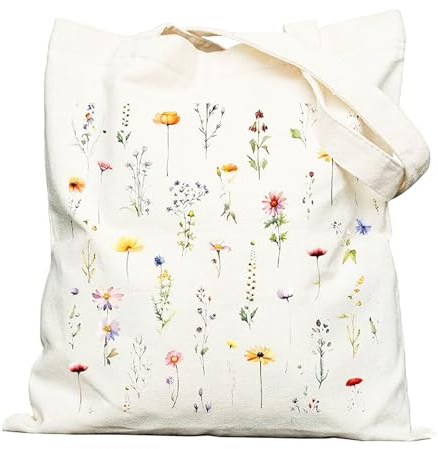 Snyvpra ﻿Leinwand Stoffbeutel 35 x 40 cm Übergroße Kapazität, Damen Bedruckt Baumwolle Stofftaschen mit Blumendruck Einkaufsbeutel Faltbar für Täglichen Pendeln Einkauf（Weiß）