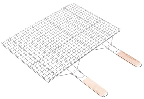 TheOwnas Large Stainless Steel BBQ Grill Basket. 48x56cm Foldable & Lockable Grill Rack with Dual Wooden Handles. Ideal for Grilling Meat, Fish, Vegetables. Family Size BBQ Accessories.