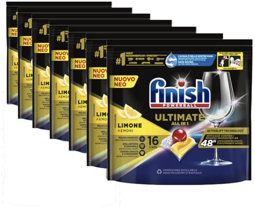 Finish Tabs Ultimate 16 Limone, Detersivo Lavastoviglie in Pastiglie, Confezione Maxi Scorta da 7 Pacchi, 112 Tabs