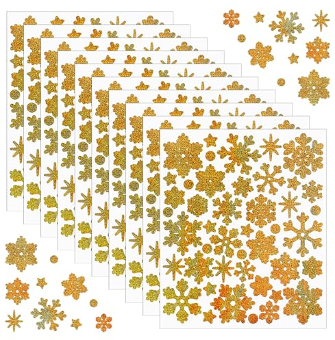 Prasacco 10 Blatt/440 Stück Glitzernde Schneeflocken Aufkleber, Weihnachten Schneeflocken Stern Aufkleber Gold Selbstklebend Weihnachtsaufkleber Winter Aufklebers für Weihnachtsdeko zum Basteln