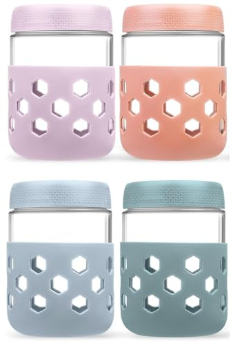 lomonmen 4 Pezzi Barattoli Vetro con Coperchio,480ml Overnight Oats Jar con Maniche in Silicone,Barattolo Cucina per Chutney,Yogurt,Budino,Avena,Miele,Frutta,Spezie,Marmellata