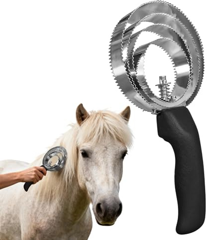 Schweißmesser für Pferde, shallyong Federstriegel zum Abziehen, 4 Ringe, Schwarz, Metallstriegel zum Abziehen, Doppelseitiger Pferdebürste, Edelstahl Schweißmesser für Pferde, Zacken Metallstriegel