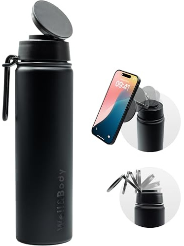 Gourde isotherme WELL & BODY Magnet’O PRO 750 mL | Gourde magnétique pour téléphone Compatible MagSafe, acier inoxydable et sans BPA | Avec bouchon pro trépied muscu ajustable 360° [BLACK]