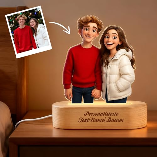 VEELU Personalisierte Cartoon Foto Figur LED Bilderrahmen Nachtlicht mit Holzsockel, Personalisierte Fotogeschenke Valentinstag für Sie & Ihn, Personalisiertes Jahrestag Geschenke für Männer Frauen