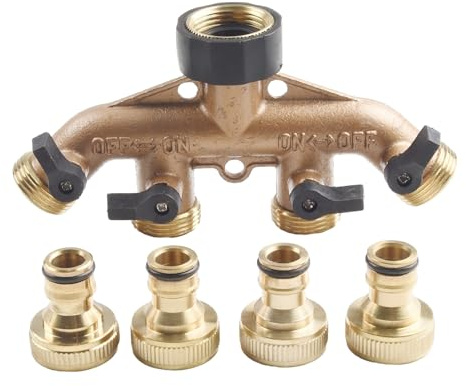 UTTASU 4 Way Solid Brass Hose Splitter Connector With Shut Off Valves 3/4inch