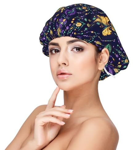 Gorro de seda para dormir para mujeres y hombres, estampado de Mardi Gras, gorro de satén elástico ajustable para dormir, suave y cómodo, gorro de pelo rizado de seda similar para dormir