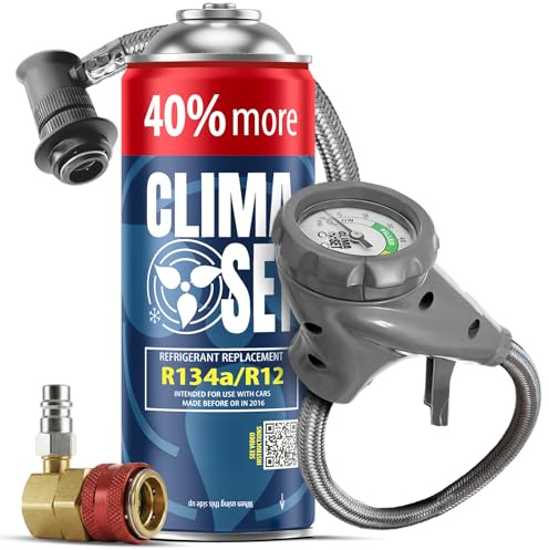 CLIMASET - Kit de recarga de aire acondicionado para coche - Gas y aceite R134a + manguera + adaptador de alta/baja presión - Para vehículos de 1994 a 2016, manguera moderna y fácil de usar, manómetro