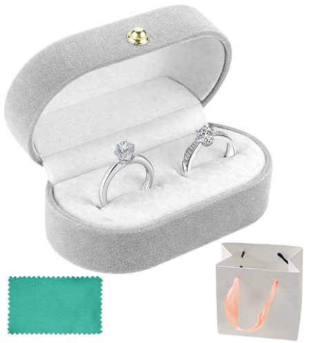 Lwezgi Generisch Ringbox 2-Ringe In Einer Leichten und Glatten Ringbox, Grau Handgemachte Ring Box für Vorschlag, Hochzeit und Tägliche Lagerung Inklusive Geschenktüte und Silberputztuch