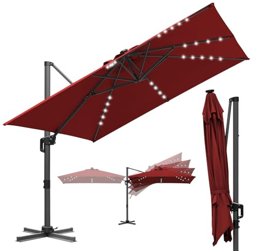 ISOISL 300 x 300 cm Sonnenschirm Ampelschirm Groß Solar LED, Gartenschirm mit Kurbel, 360° drehbar und kippbar, UV50+ Terrassenschirm mit Aluminiumgestell für Garten Terrasse